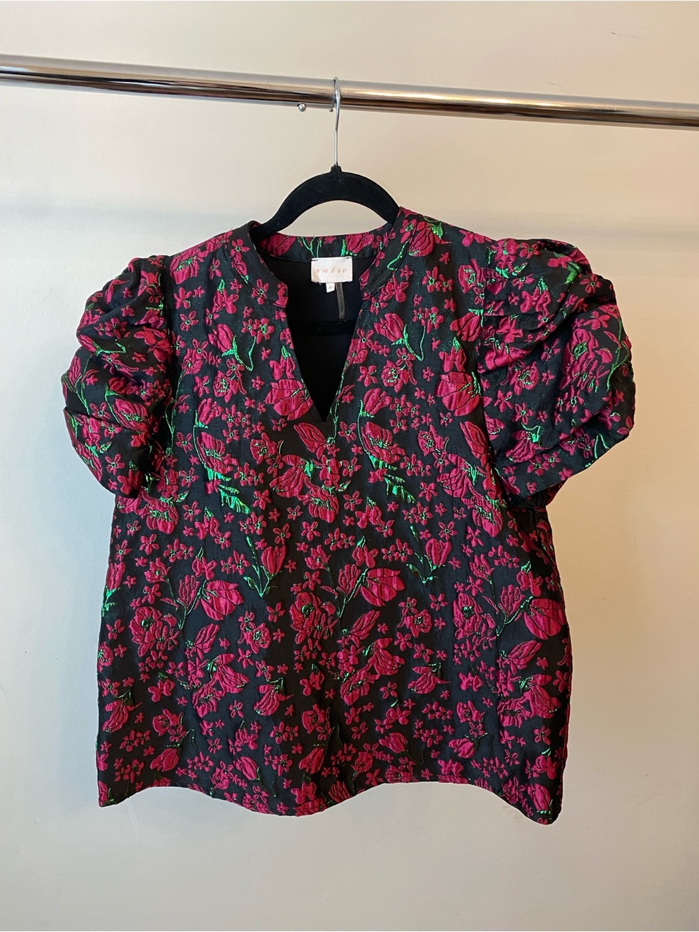 entro Black Floral Puff-Sleeve Blouse with Fuchsia and Green Embroidery